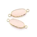 Pink faceted oval stone connector with gold metal frame and double rings for DIY jewelry - 11x30mm / Rose Quartz