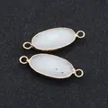 Faceted white natural stone oval pendant with gold plated double holes connector - 11x30mm / White Jade
