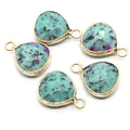 5pcs set of faceted green and purple natural stone teardrop pendants with gold plated edges - Ruby Zoisite
