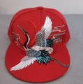 Red hip hop flat brim baseball cap with detailed crane and auspicious clouds embroidery - Crane and Sun Embroidery (Red)