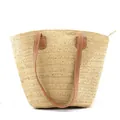 Bolso tote de paja bohemio con asas de cuero marrón y cremallera sobre fondo blanco - M (56-58cm) / Estilo de Color Sólido (02) / Color madera natural