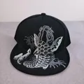 Black flat brim baseball cap with detailed silver and white koi fish embroidery - Koi Carp Embroidery (Black)