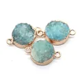 Three pieces of sky blue round druzy stone connectors with golden finish bezel - Light Blue