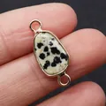Naturstein-Verbinder mit geflecktem Muster, Goldrand und Doppelringen für DIY-Schmuck - Dalmatinerjaspis