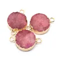 Three pieces of round dark pink druzy crystal connectors with gold plated bezels and loops - Rose Red