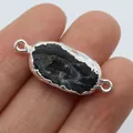 Silver plated black agate druzy connector pendant with oval gemstone and double rings - Style 1 Double Hole Connector