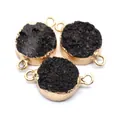 Round black druzy quartz connector with gold plated edges and double loops for jewelry - Black