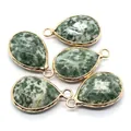 Five pieces of teardrop green aventurine pendants with elegant gold plated metal edges - Green White Spotted Style (No. 5)