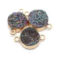 Rainbow druzy crystal round connector in gold-plated setting for DIY jewelry making - Multicolor