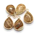 Five pieces of teardrop-shaped natural landscape stone pendants with gold plated borders - Jasper