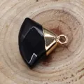 Polished black faceted gemstone pendant with gold-plated fan-shaped bezel setting - Black Agate