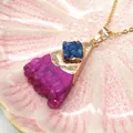 Triangle natural crystal pendant in rose red and blue with a gold necklace chain - Rose Purple and Dark Blue