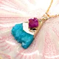 Natural bicolor crystal pendant with blue and purple druzy stones in gold finish - Lake Blue and Purple Red