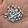 Silver chain with white marble effect oval beads held in hand for size comparison - Marbled White