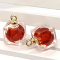 Acrylic cube pendants 15x20mm with red sphere core and golden metal hanging loops - Square / Brick Red