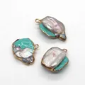 Baroque shell pearl pendants with turquoise resin and gold-plated metal edges for DIY jewelry - Three Piece Set Style (2) / Turquoise Enamel (2)