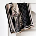 Black and beige paisley cashmere scarf with classic plaid pattern and fringe - 185cm / Black