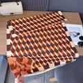 Orange and brown diamond pattern scarf with fringe, elegant knit cashmere feel shawl - 185cm / Orange Red