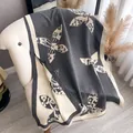 Deep grey and cream floral butterfly cashmere scarf with elegant fringe trim - Gray