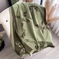 Thick cashmere-feel floral scarf in bean green and coffee brown with tassels - Yellow-Green