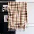 Detailed view of plaid cashmere-like scarf with fringe and Good Luck label - Beige (GZ-233)