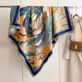 Blue and orange double-sided cashmere-like shawl with cloud patterns and tassel fringe - Fj-211 Crane / 130cm