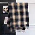 Classic plaid scarf in black, grey, and yellow with fringes and Good Luck patch - Black (GZ-232)