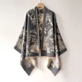 Double-sided faux cashmere shawl with nature patterns of birds and palm trees - Forest Gray