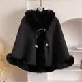 Elegant black velvet cape with faux fur trim and pearl closure for winter warmth - Black
