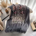 Dark grey thick pashmina shawl with colorful paisley embroidery and tassel trim - 185cm / Gray