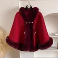 Elegant red winter poncho with faux fur trim and pearl buttons in a vintage style - Burgundy