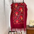 Châle pashmina bordeaux avec broderie de grenade exquise et franges pour femme - Rouge