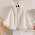 Elegant ivory knitted shawl cape with faux fur trim and pearl button closure for women - White