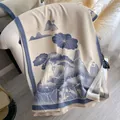 Elegant beige jacquard scarf with indigo landscape print and fine fringe details - Blue