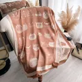 Detailed texture of tencel cotton scarf with cute cat print and fringe edges - Tsm-467 Khaki / 185-65cm