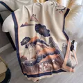 Thick jacquard scarf with Chinese ink painting pattern and elegant fringe trim - Blue Orange