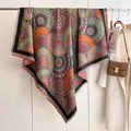 Faux cashmere square shawl featuring colorful mandala patterns and delicate fringe edges - Fj-212 Kaleidoscope / 130cm