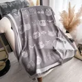 Dark grey tencel cotton scarf with white cartoon cat prints and fringed edges - Tsm-464 Gray / 185-65cm