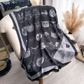 Funny cat pattern shawl scarf in black and gray double-sided tencel cotton with tassels - Tsm-465 Black / 185-65cm