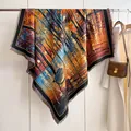 Artistic oil painting style square cashmere feel shawl with warm orange and blue tones - Fj-215 Sunset Yellow / 130cm