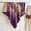 Deep purple and yellow abstract print cashmere-like scarf with fringe edges - Fj-216 Violet / 130cm
