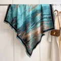 Artistic landscape print oversized shawl in emerald green and brown tones with fringe - Fj-218 Lake Blue / 130cm