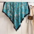 Sky blue floral cashmere-like shawl with artistic print and black fringe trim - Fj-219 Winter Plum Blue / 130cm