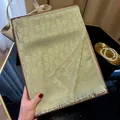 Elegant olive green jacquard silk scarf with gold lurex and fringe edge detail - Tsm-031 Matcha