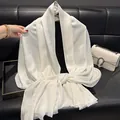 Elegant off-white silk scarf featuring heart and bear jacquard with tassel edges - Tsm-152 White