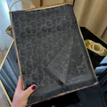 Elegant black silk scarf with silver metallic thread and vintage monogram pattern - Tsm-036 Black