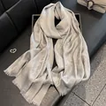 Silver silk tencel cotton scarf with butterfly jacquard and elegant fine fringe - Tsm-081 Gray