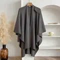 Solid dark grey knit poncho shawl for women with decorative shoulder strap detail - Dark Gray