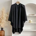 Classic black knitted cape shawl for women with soft drape and open front design - Black