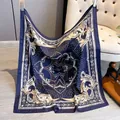 Elegant navy blue silk scarf with baroque scroll pattern and geometric border design - 90x90cm / Blue (XWFJ-001)